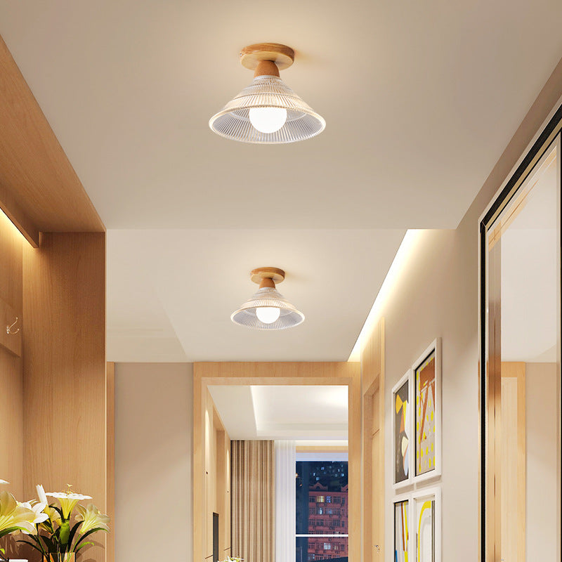 Traditional Japanese Flower Disc Glass Wood 1-Light Semi-Flush Mount Ceiling Light For Hallway