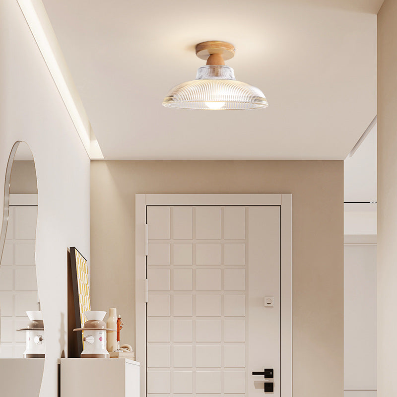 Traditional Japanese Flower Disc Glass Wood 1-Light Semi-Flush Mount Ceiling Light For Hallway