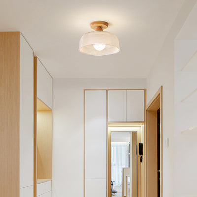 Traditional Japanese Flower Disc Glass Wood 1-Light Semi-Flush Mount Ceiling Light For Hallway