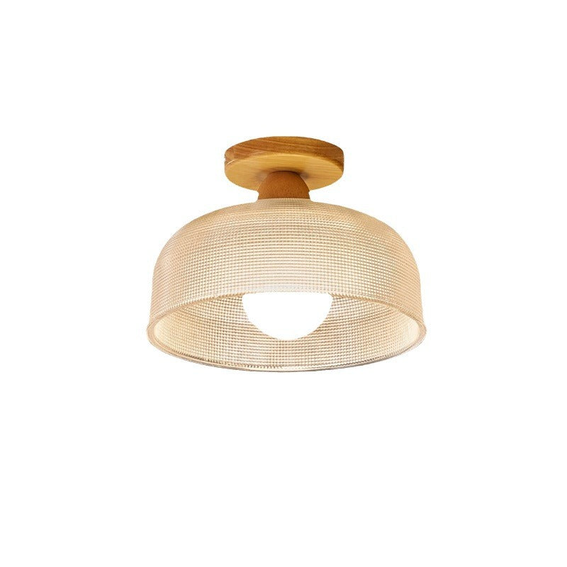 Traditional Japanese Flower Disc Glass Wood 1-Light Semi-Flush Mount Ceiling Light For Hallway