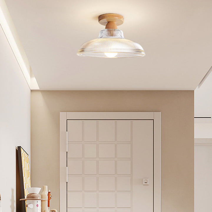 Traditional Japanese Flower Disc Glass Wood 1-Light Semi-Flush Mount Ceiling Light For Hallway