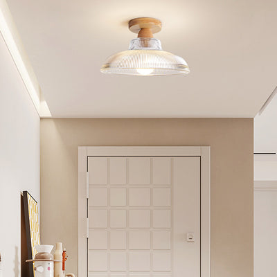 Traditional Japanese Flower Disc Glass Wood 1-Light Semi-Flush Mount Ceiling Light For Hallway