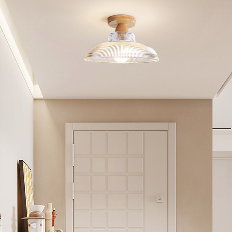 Traditional Japanese Flower Disc Glass Wood 1-Light Semi-Flush Mount Ceiling Light For Hallway