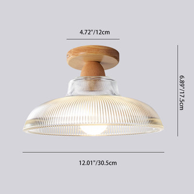 Traditional Japanese Flower Disc Glass Wood 1-Light Semi-Flush Mount Ceiling Light For Hallway