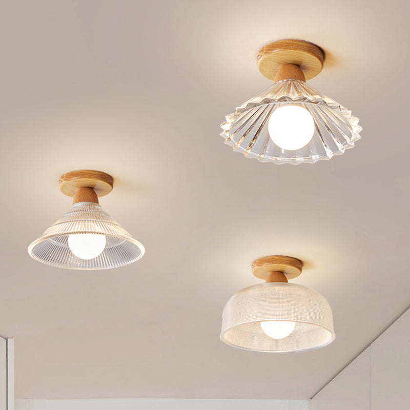 Traditional Japanese Flower Disc Glass Wood 1-Light Semi-Flush Mount Ceiling Light For Hallway