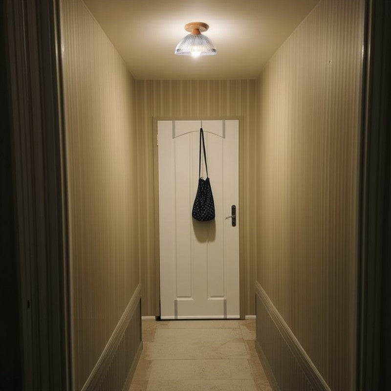 Modern Minimalist Bowl Glass Wood 1-Light Semi-Flush Mount Ceiling Light For Hallway