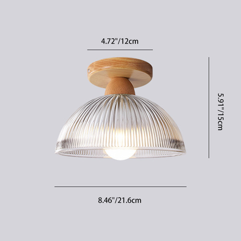 Modern Minimalist Bowl Glass Wood 1-Light Semi-Flush Mount Ceiling Light For Hallway