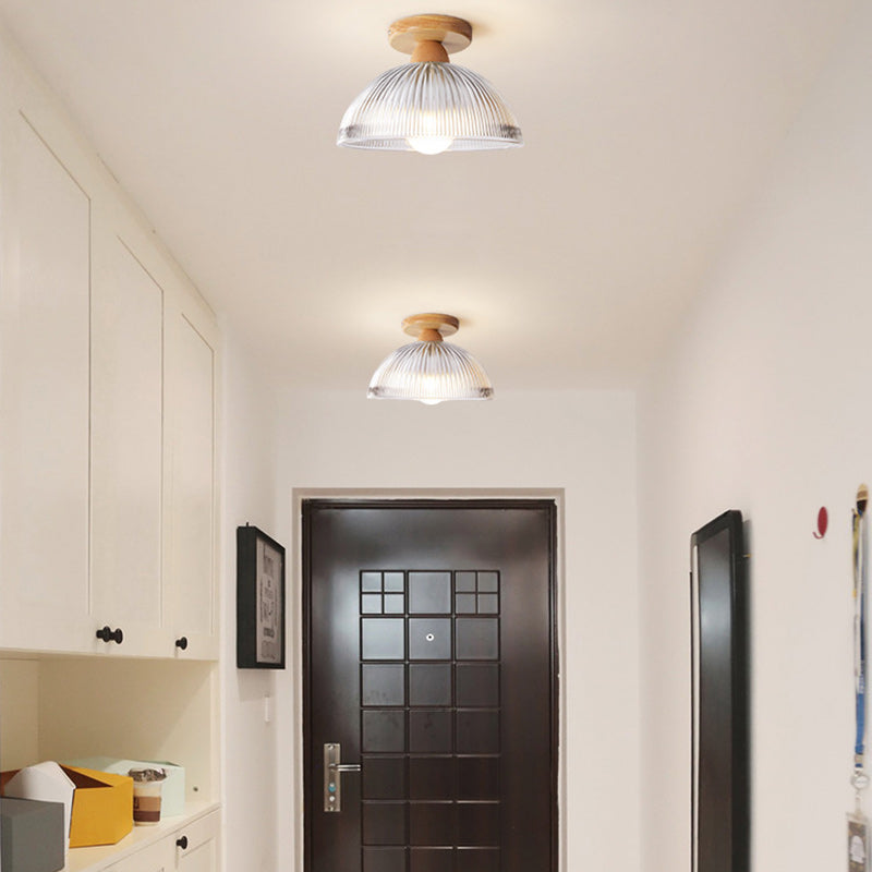 Modern Minimalist Bowl Glass Wood 1-Light Semi-Flush Mount Ceiling Light For Hallway
