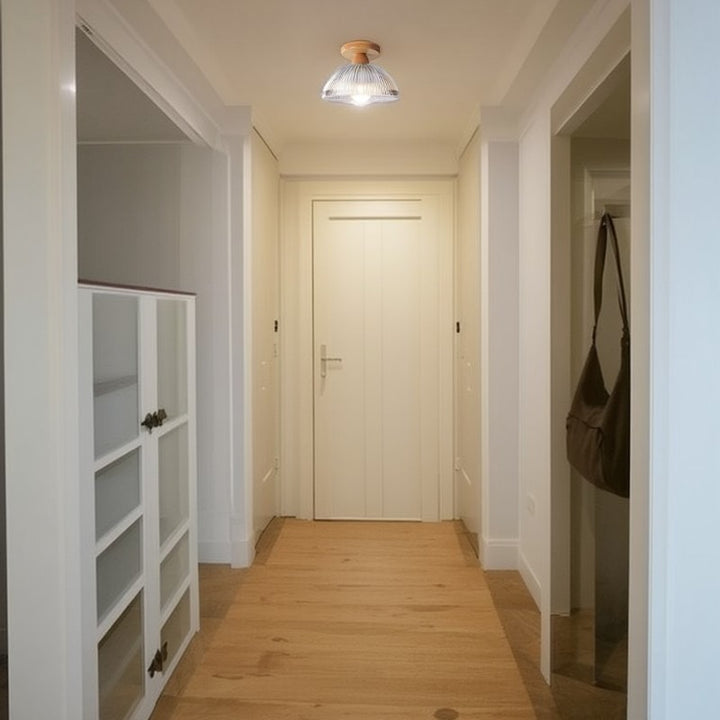 Moderno Minimalista Cuenco Vidrio Madera 1-Luz Semi-empotrado Lámpara de Techo Para Pasillo 