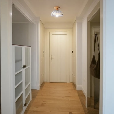 Modern Minimalist Bowl Glass Wood 1-Light Semi-Flush Mount Ceiling Light For Hallway