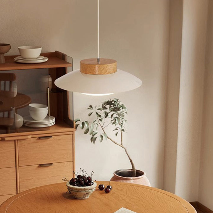 Traditional Japanese Round Acrylic Wood LED Pendant Light For Dining Room