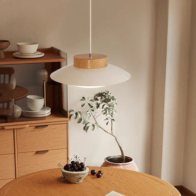 Traditional Japanese Round Acrylic Wood LED Pendant Light For Dining Room