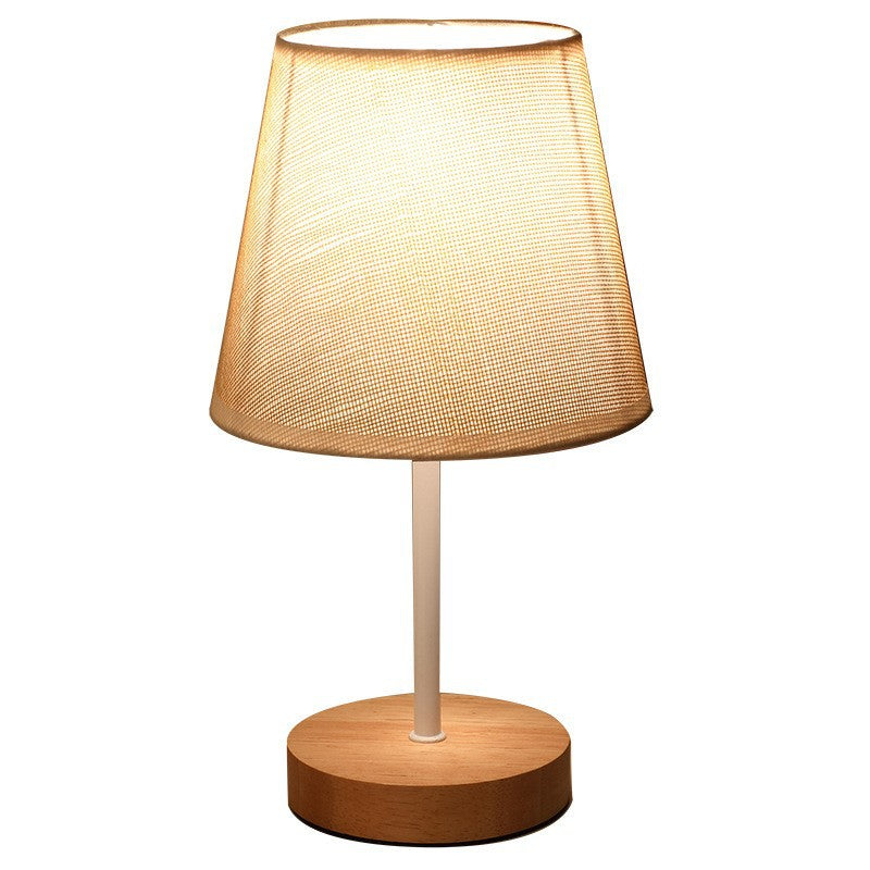 Moderne minimalistische trapezförmige Tischlampe aus massivem Holz mit Stoff und LED für das Schlafzimmer 