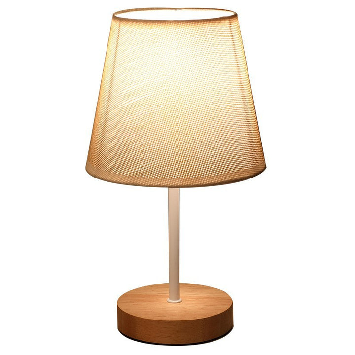 Moderne minimalistische trapezförmige Tischlampe aus massivem Holz mit Stoff und LED für das Schlafzimmer 