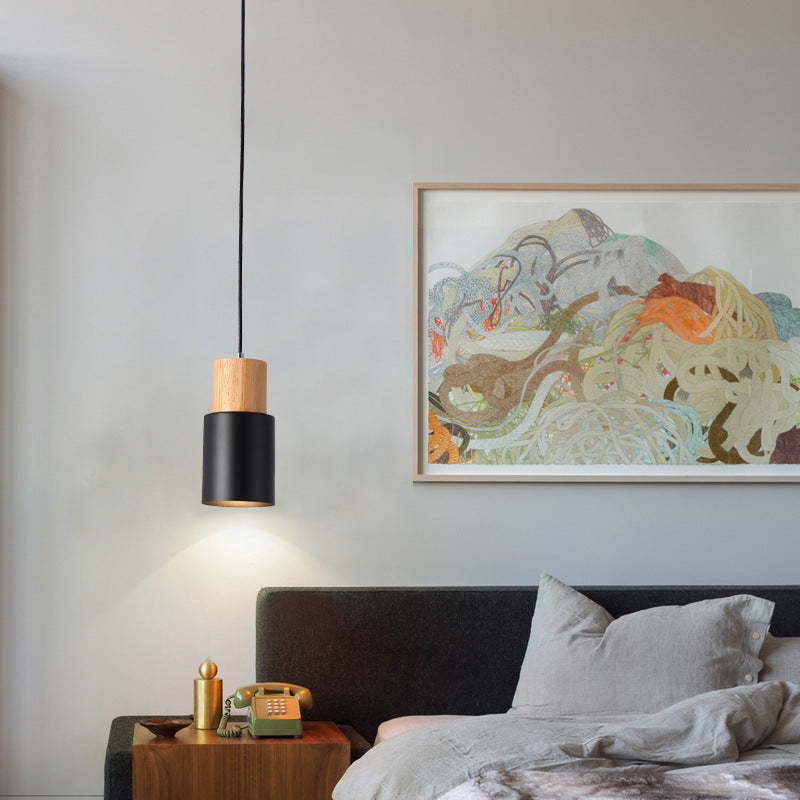 Modern Minimalist Cylindrical Iron Wood 1-Light Pendant Light For Bedroom