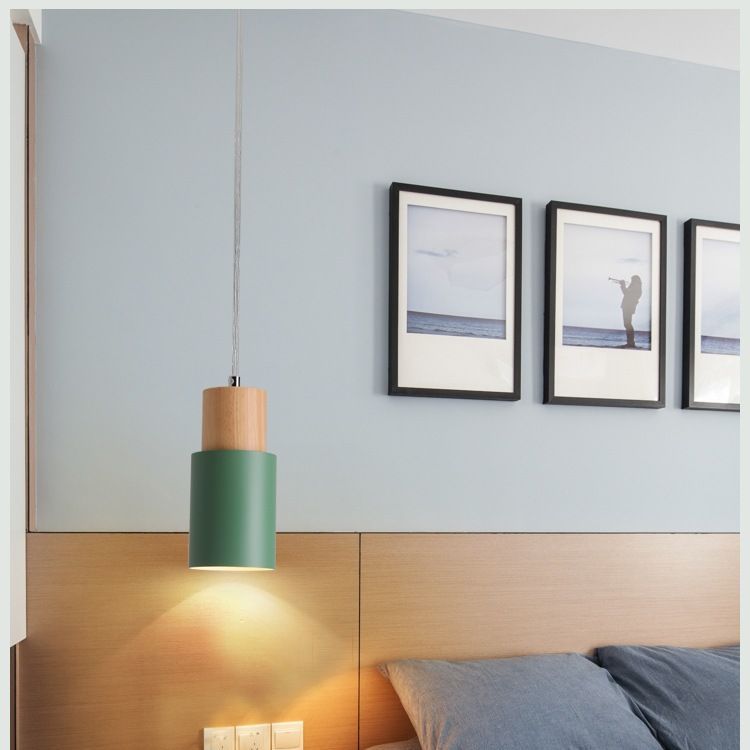 Lámpara colgante moderna minimalista de hierro y madera cilíndrica de 1 luz para dormitorio 