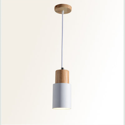 Modern Minimalist Cylindrical Iron Wood 1-Light Pendant Light For Bedroom