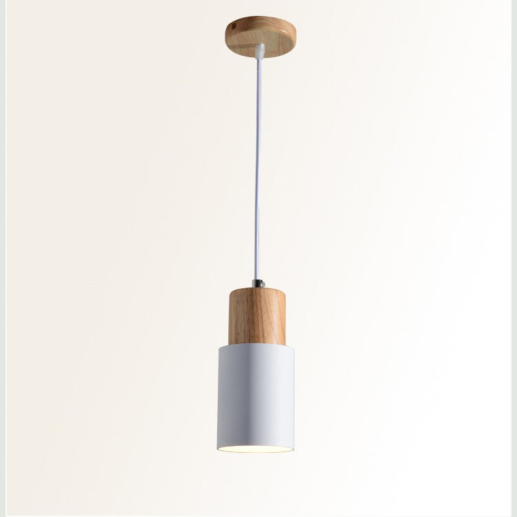 Modern Minimalist Cylindrical Iron Wood 1-Light Pendant Light For Bedroom