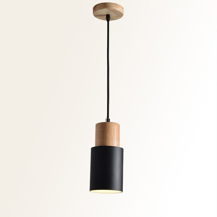 Modern Minimalist Cylindrical Iron Wood 1-Light Pendant Light For Bedroom
