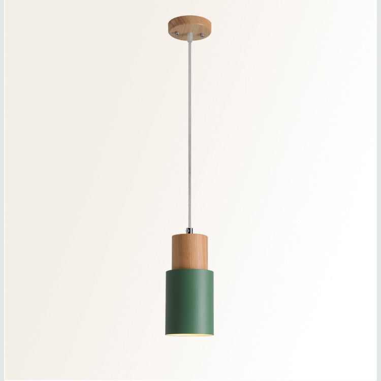 Modern Minimalist Cylindrical Iron Wood 1-Light Pendant Light For Bedroom