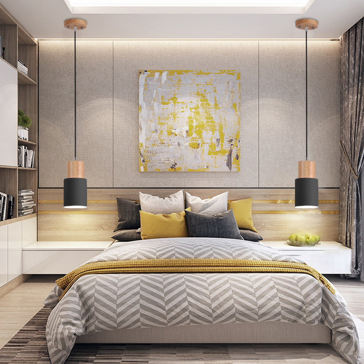 Lámpara colgante moderna minimalista de hierro y madera cilíndrica de 1 luz para dormitorio 