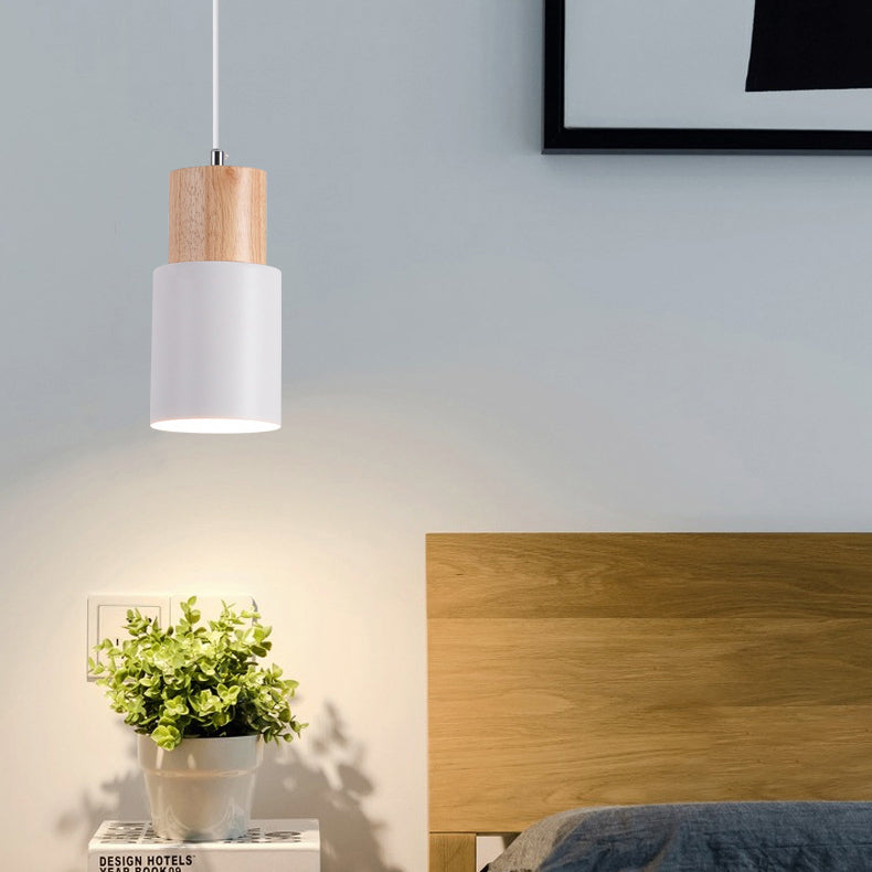 Modern Minimalist Cylindrical Iron Wood 1-Light Pendant Light For Bedroom
