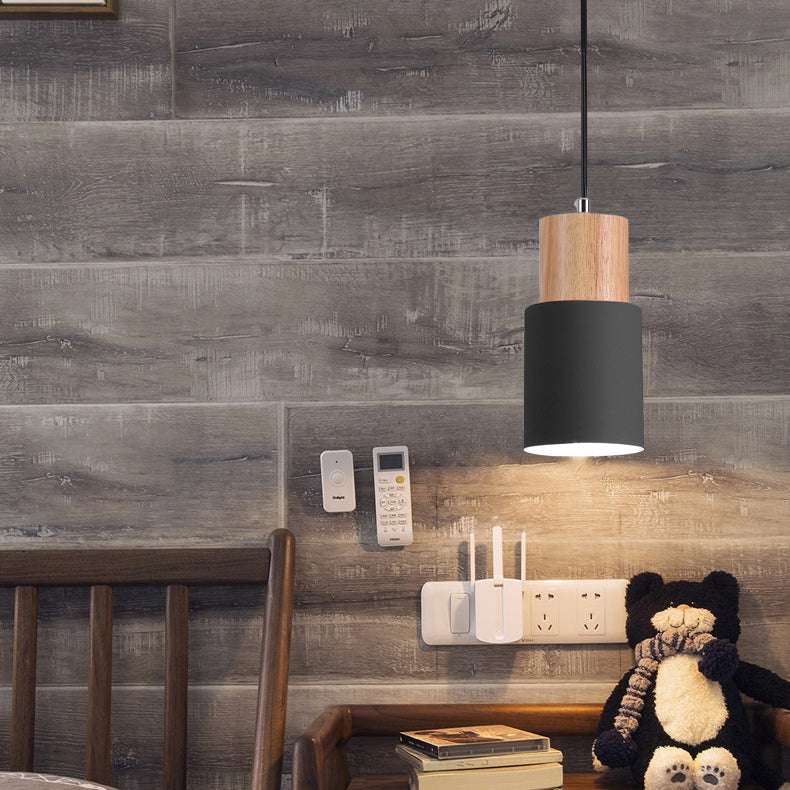 Lámpara colgante moderna minimalista de hierro y madera cilíndrica de 1 luz para dormitorio 