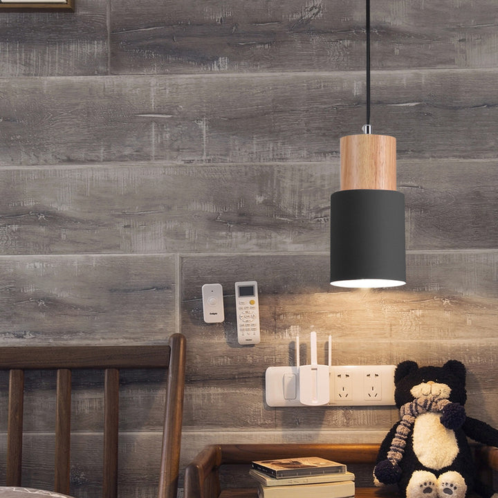 Lámpara colgante moderna minimalista de hierro y madera cilíndrica de 1 luz para dormitorio 
