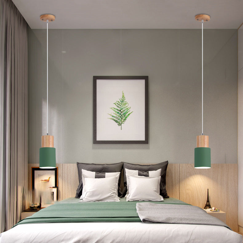 Lámpara colgante moderna minimalista de hierro y madera cilíndrica de 1 luz para dormitorio 