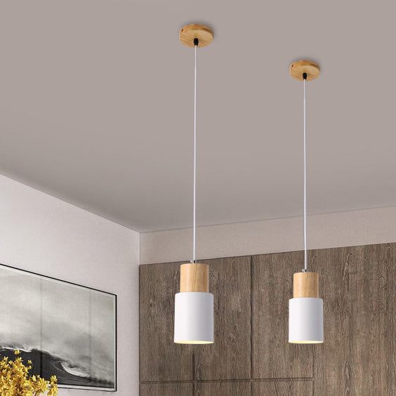 Modern Minimalist Cylindrical Iron Wood 1-Light Pendant Light For Bedroom