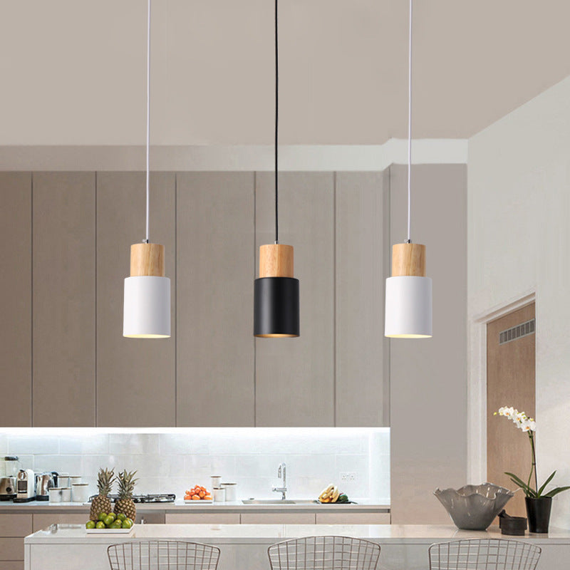 Modern Minimalist Cylindrical Iron Wood 1-Light Pendant Light For Bedroom