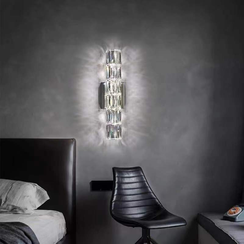 Modern Minimalist Rectangular Stainless Steel Crystal 3/4/6 Light Wall Sconce Lamp For Bedroom