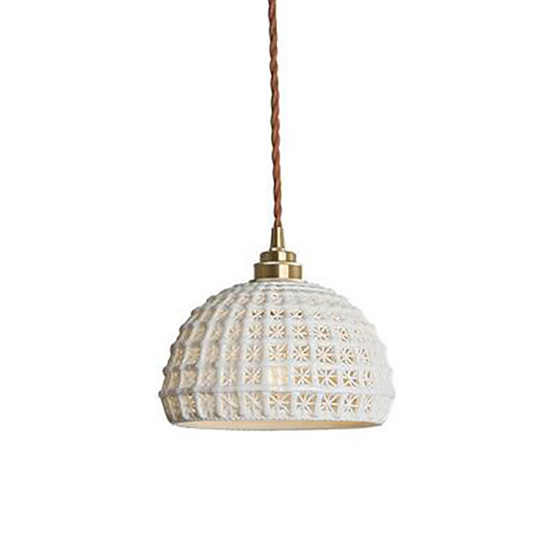 Traditional Japanese Hemispherical Ceramic Copper 1-Light Pendant Light For Bedroom