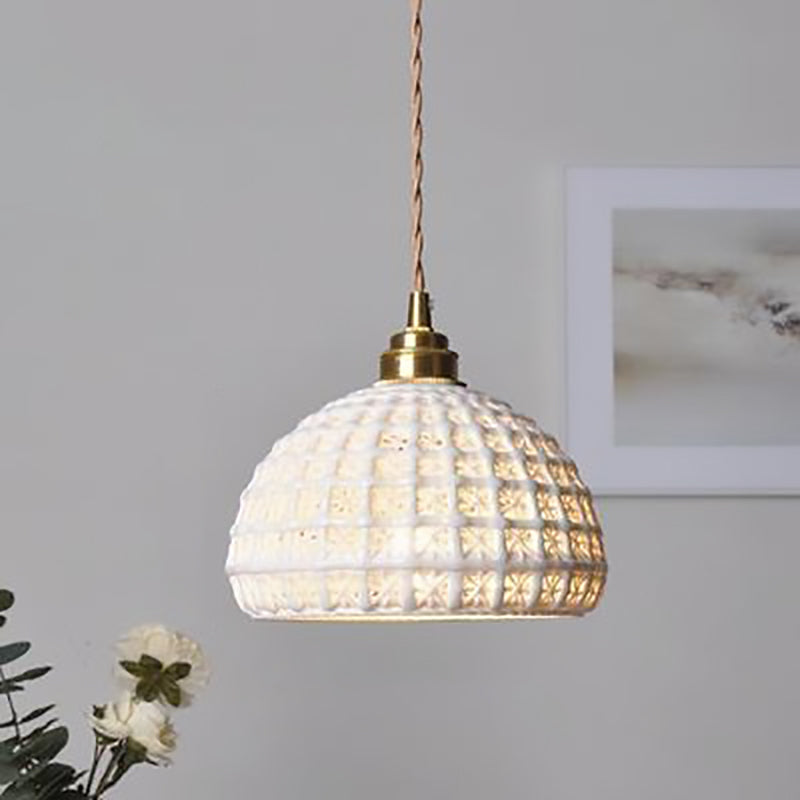Traditional Japanese Hemispherical Ceramic Copper 1-Light Pendant Light For Bedroom