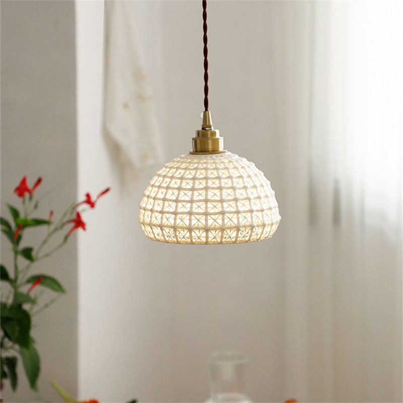 Traditional Japanese Hemispherical Ceramic Copper 1-Light Pendant Light For Bedroom