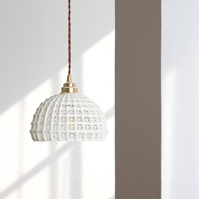 Traditional Japanese Hemispherical Ceramic Copper 1-Light Pendant Light For Bedroom