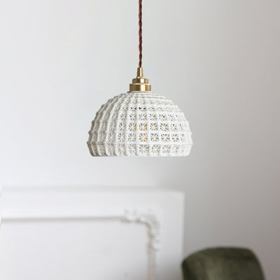 Traditional Japanese Hemispherical Ceramic Copper 1-Light Pendant Light For Bedroom