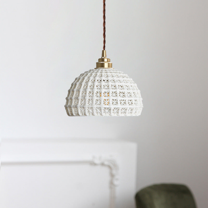 Traditional Japanese Hemispherical Ceramic Copper 1-Light Pendant Light For Bedroom