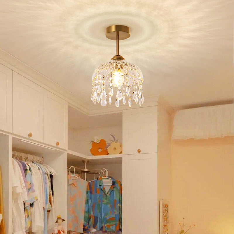 Modern Minimalist Flower Iron Glass Crystal 1-Light Semi-Flush Mount Ceiling Light For Hallway