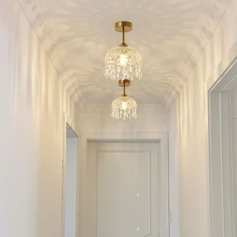 Modern Minimalist Flower Iron Glass Crystal 1-Light Semi-Flush Mount Ceiling Light For Hallway