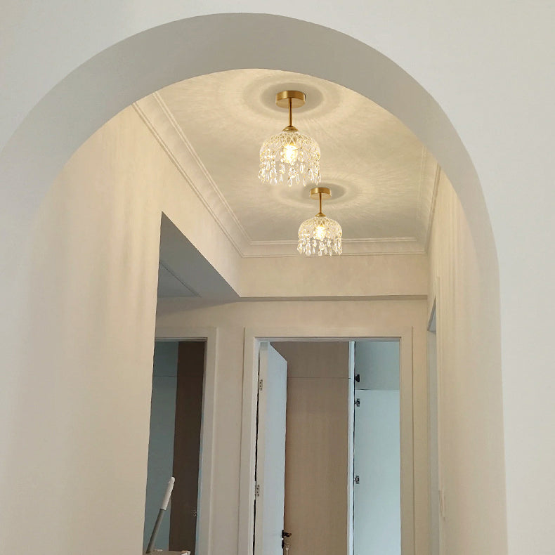 Modern Minimalist Flower Iron Glass Crystal 1-Light Semi-Flush Mount Ceiling Light For Hallway