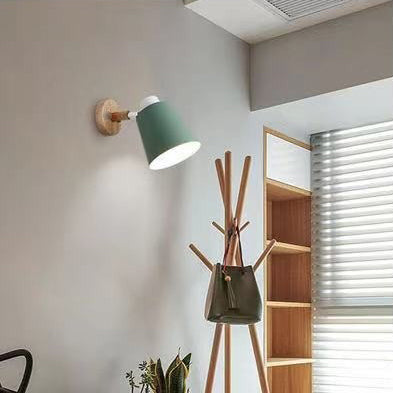 Contemporary Scandinavian Cylindrical Iron Wood 1-Light Wall Sconce Lamp For Bedroom