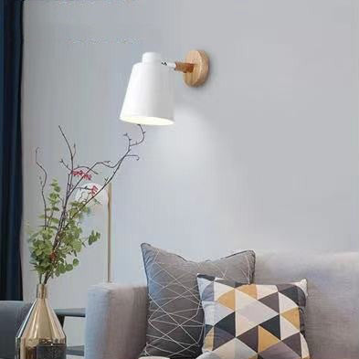 Contemporary Scandinavian Cylindrical Iron Wood 1-Light Wall Sconce Lamp For Bedroom