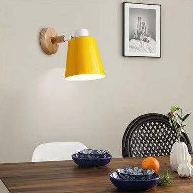 Contemporary Scandinavian Cylindrical Iron Wood 1-Light Wall Sconce Lamp For Bedroom