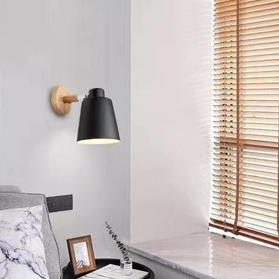 Contemporary Scandinavian Cylindrical Iron Wood 1-Light Wall Sconce Lamp For Bedroom