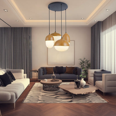 Contemporary Scandinavian Nut Glass Iron Wood 4-Light Island Light Chandelier For Bedroom