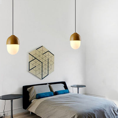 Contemporary Scandinavian Nut Glass Iron Wood 1-Light Pendant Light For Bedroom