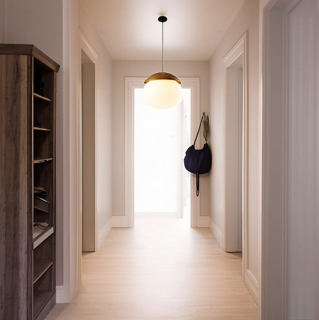 Contemporain Scandinave Verre de Noix Fer Bois Suspension 1 Lumière Pour Chambre 
