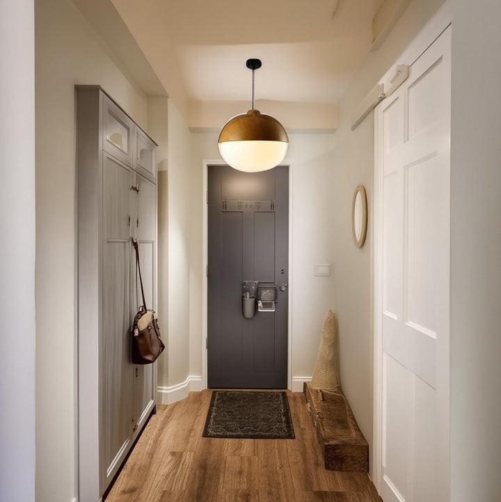 Contemporain Scandinave Verre de Noix Fer Bois Suspension 1 Lumière Pour Chambre 