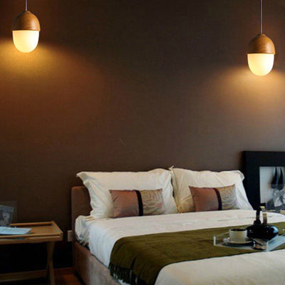 Contemporary Scandinavian Nut Glass Iron Wood 1-Light Pendant Light For Bedroom